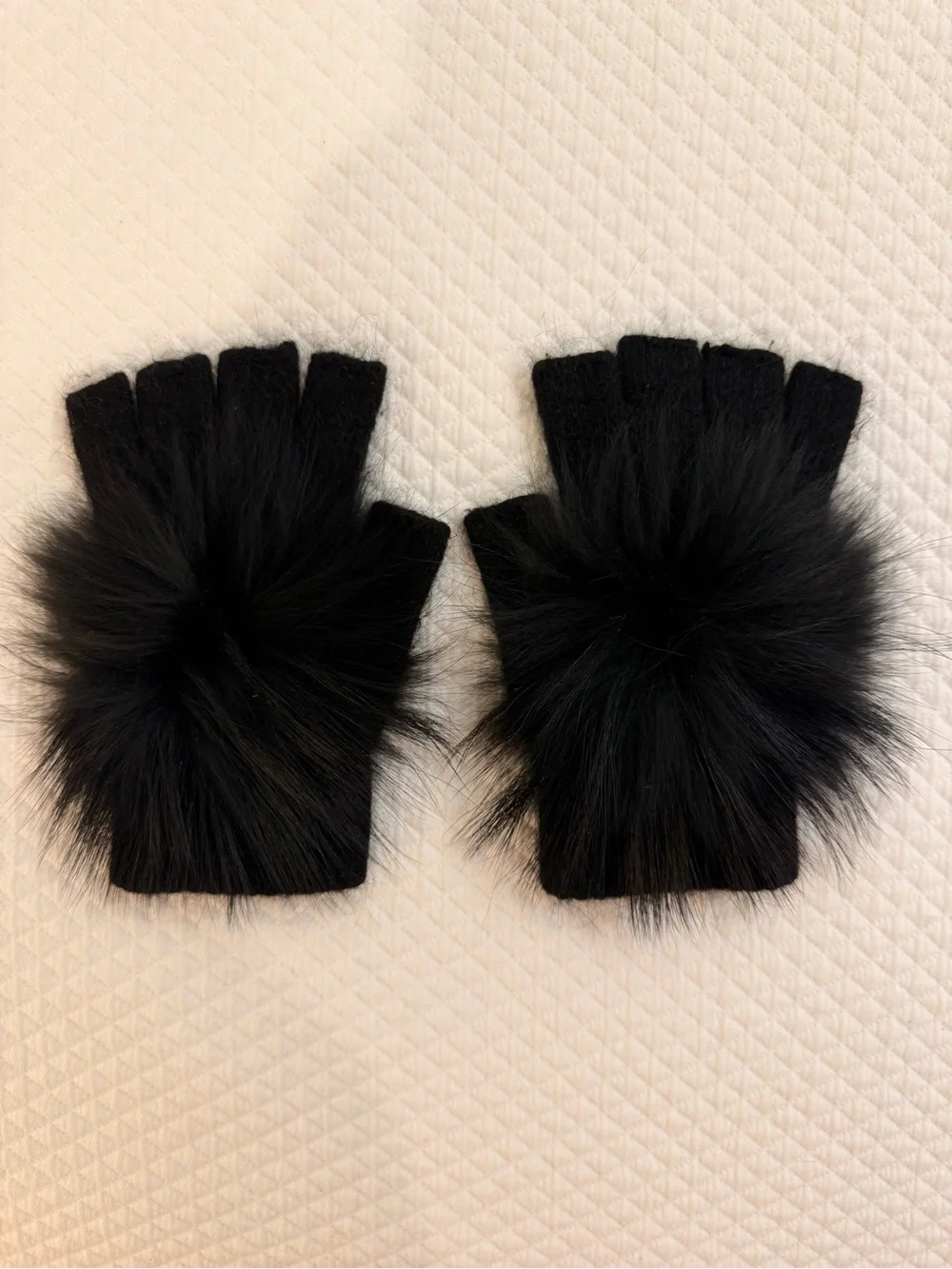 Plush Black Fingerless Gloves with Fur Pom